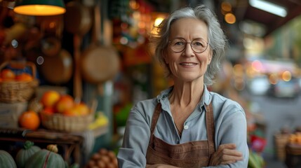 Obraz premium A middle-aged woman standing in front of her grocery store, smiling with crossed arms