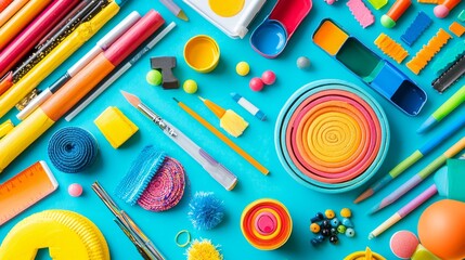 Colorful Art Supplies on Blue Background.