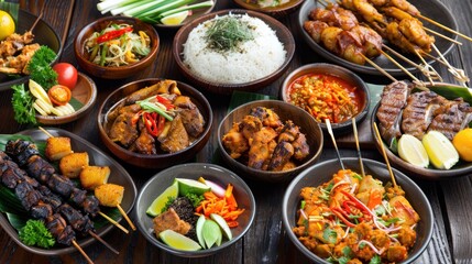 Fototapeta premium Assortment of Indonesian Cuisine Dishes on a Rustic Wooden Table