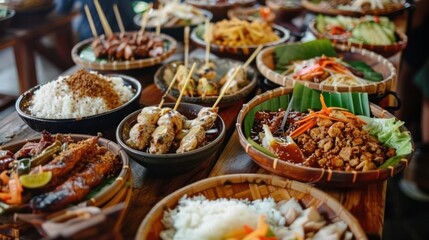 Obraz premium Assorted Indonesian Dishes on a Wooden Table