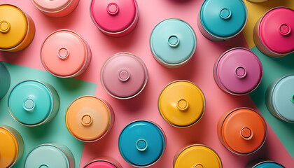 Fototapeta premium Many spray paint cans on color pastel background