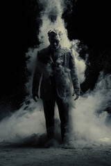 Obraz premium Golem surrounded by a dust cloud on a black background