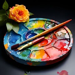 palette with brushes and paints