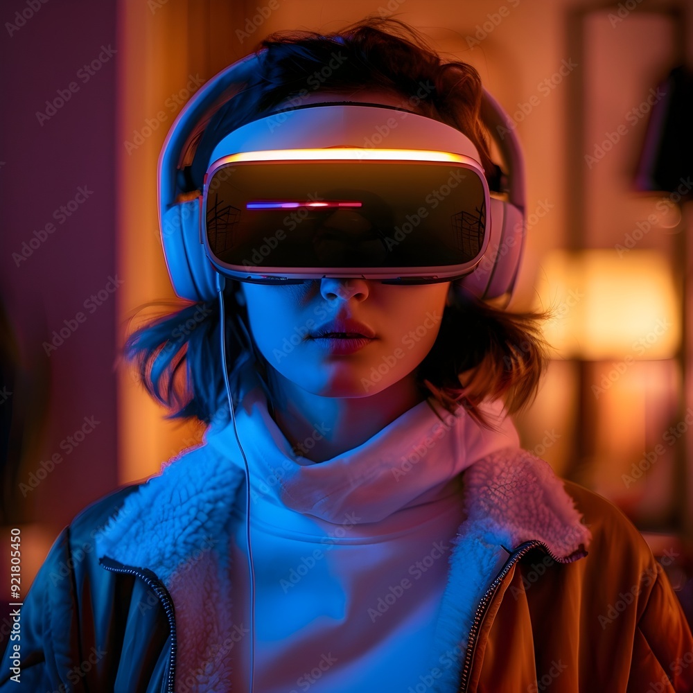Poster a person exploring a virtual escape room solving puzzles and finding clues to exit using a vr headse