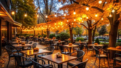 A relaxing evening at a cafe with an outdoor terrace under autumn lights