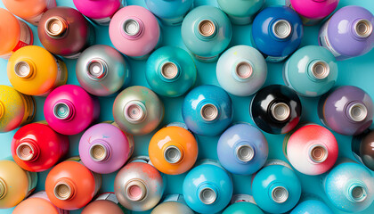 Many spray paint cans on color pastel background