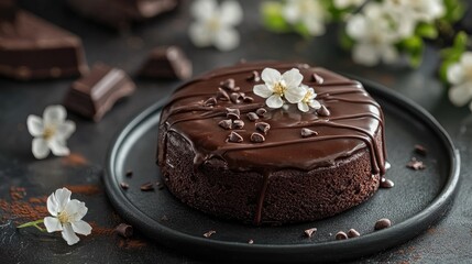 A chocolate cake with white flowers on top is sitting on a black plate