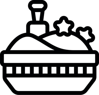 recommend clip art: Line art icon of a sandbox with sandcastle and shovel representing childhood memories, summer fun and outdoor activities