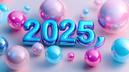 Celebrate the Future: Vibrant 2025 Artwork with Glossy Pastel Spheres - Perfect for Sports Interior Decor or Event Posters!