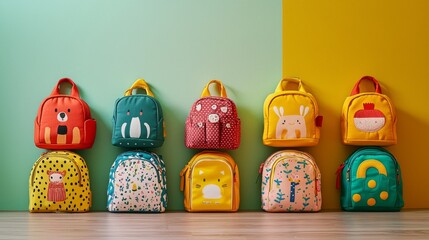 Colorful Backpacks Lined Up On A Wall.