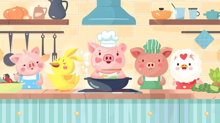 A cute animal cooking show set in a charming kitchen where adorable chefs create playful recipes.