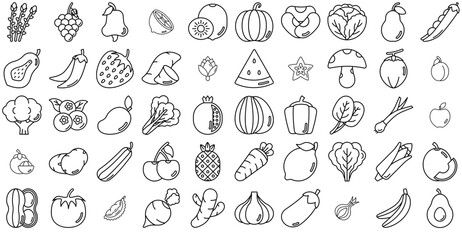 Set Of Fruits And Vegetables Vector Symbols Apps, Websites Ui Designs Suitable For Fruit,Symbol,Vegetable,Fresh,Ui Stroke Icon Collection. Vector Illustration