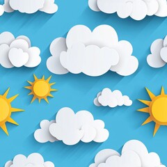 Seamless pattern of paper clouds and sunshine with a bright, sunny atmosphere