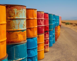 Colorful barrels lined along a rural road, showcasing vibrant hues against a clear blue sky in an industrial setting.
