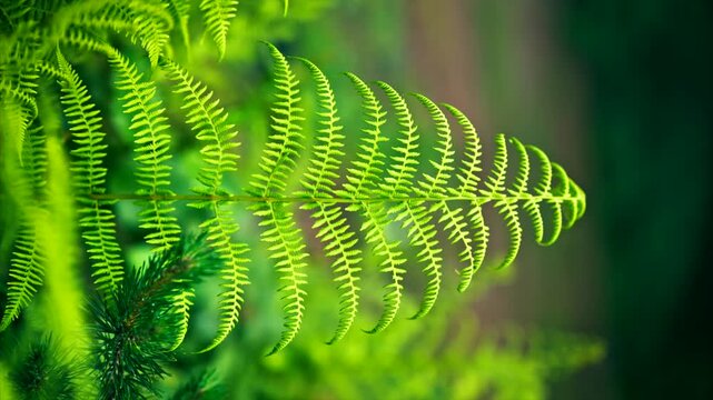 Beautiful fern leaf texture in nature. Natural ferns blurred background. Fern leaves Close up. Fern plants in forest. Background nature concept. vertical footage. 8k