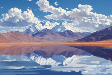 Snowy peaks in suni desert  majestic mountains against cloudy sky reflecting on lake water