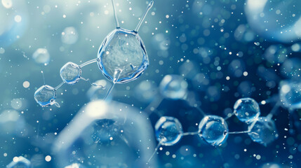 Abstract background. Hydrogen molecules on a blue background. Molecules in compounds through a microscope. Concept of experiments, laboratories, science.