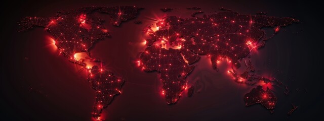 A dark wall-mounted glowing world map highlighting global business locations, modern.