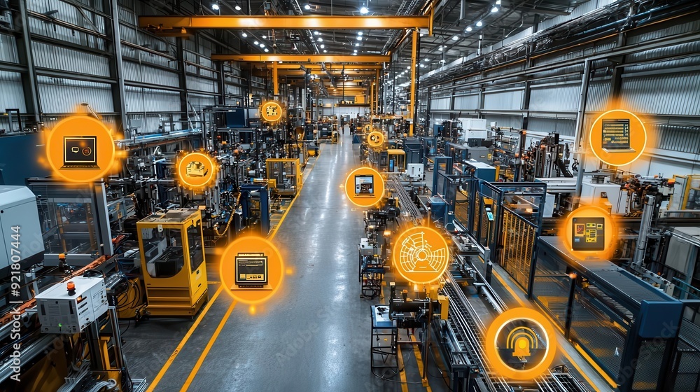Poster iot integration in manufacturing, smart factory systems connected by networked devices