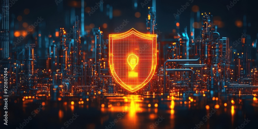 Poster cybersecurity infrastructure protecting smart factory systems, digital shields and network icons