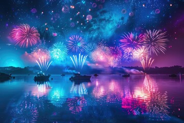 Beautiful colorful fireworks over the sea, celebration of an events on the sky background with reflection in water and boat silhouettes at night