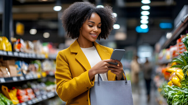 Young happy African woman with curly hair in yellow coat hold phone while make grocery shopping.