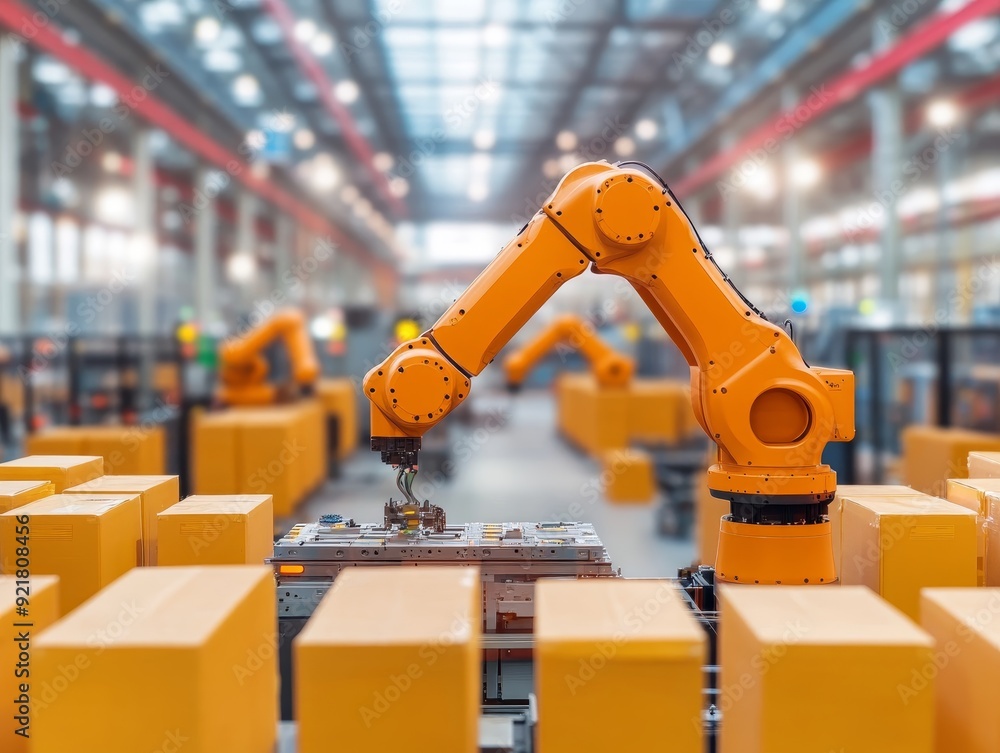 Poster industrial robot arm performing automated tasks in a modern warehouse filled with neatly organized b