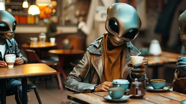 Aliens enjoying coffee at a quirky caf&eacute; in a bustling city