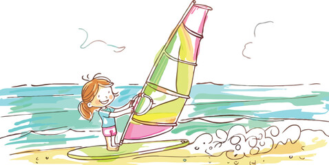 coloring page features a simple drawing of red green with baby girl playing windsurfing vector 