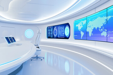 A futuristic command center with large screens displaying global maps and data. the empty room. minimal room. white room.