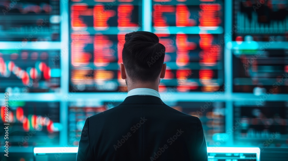 Poster professional trader analyzing market data on multiple screens, focused on stock trends and financial