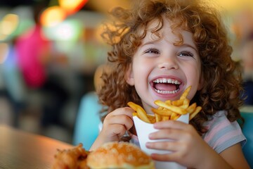 A young girl with curly hair smiles brightly as she enjoys a meal of french fries.