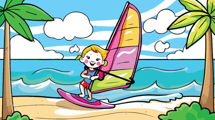 coloring page features a simple drawing of red green with baby girl playing windsurfing vector 