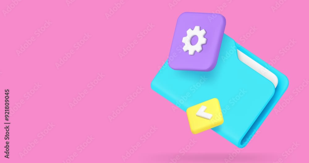 Poster document folder archive management data storage settings with 3d icon animation loop. database infor