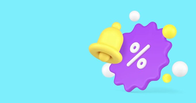 Shopping sale discount reminder with ring bell 3d icon animation loop. Store shop special offer clearance announce advertising price off special offer retail promo