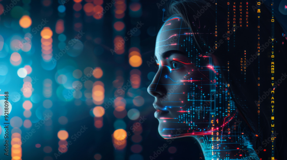 Poster the woman's face is shown in a computer-generated image with many bright colors and dots. abstract b