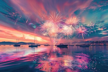 Beautiful colorful fireworks over the sea, celebration of an events on the sky background with reflection in water and boat silhouettes at night