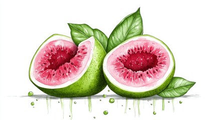 Minimalistic depiction of a guava, clean lines, hand-drawn illustration, stark white background for a refined appearance