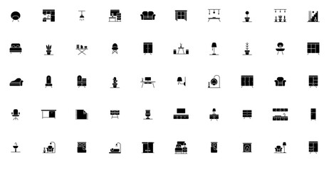 A Collection Of Furniture Glyps Icons Collection Isolated Silhouette Solid Icons Including Interior,Furniture,Functionality,Minimalist,Indoor-Plant Stroke Icon Collection. Vector Illustration