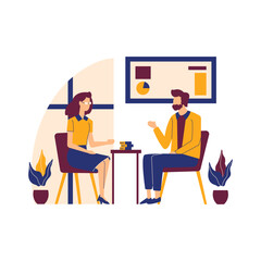 Flat Design Illustration of Man and Woman Sitting While Discussing Talking at Office