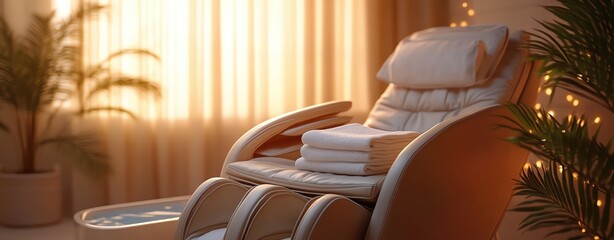 A spa setting featuring a comfortable massage chair with neatly arranged towels and a foot bath