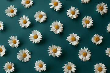 Obraz premium Flat lay of chamomile flowers in a pattern on a pastel dark green background, minimal composition