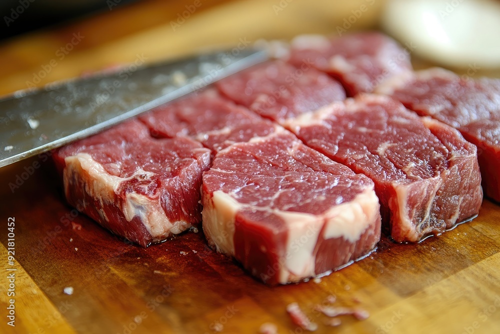 Poster a butcher is cutting up a slab of meat on a wooden cutting board. the meat is sliced into small piec