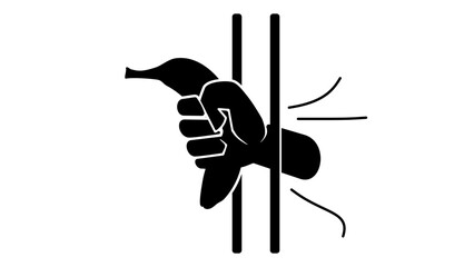 greed symbol, hand with banana stuck in cage, black isolated silhouette