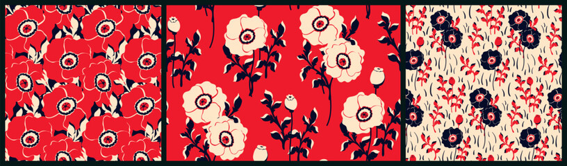 Seamless floral pattern, abstract flower print, nature ornament in retro style. Graphic botanical design: large hand drawn poppy flowers, leaves. Vector illustration, wallpaper decor of red wildflower