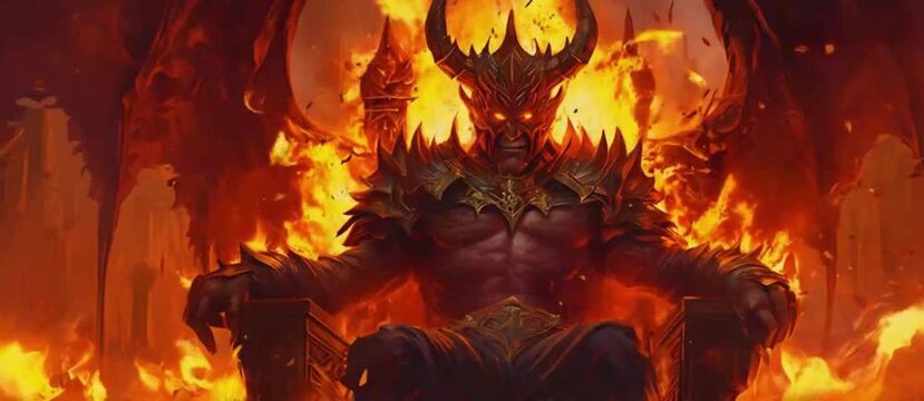 Demon King on Flaming Throne, Fire Scary demon monster in hell. Firelord
