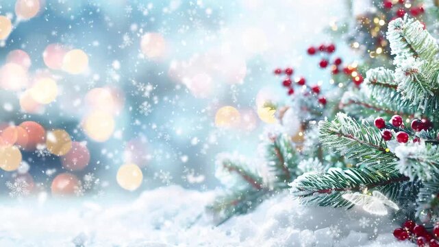 christmas and new year background with fir tree branches and berries seamless looping overlay 4k virtual video animation background