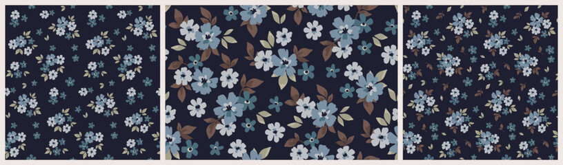 Seamless floral pattern, liberty ditsy print, abstract ornament in autumn, winter vintage motif. Botanical design: small hand drawn flowers, tiny leaves, simple mini dark bouquets. Vector illustration © Yulya i Kot