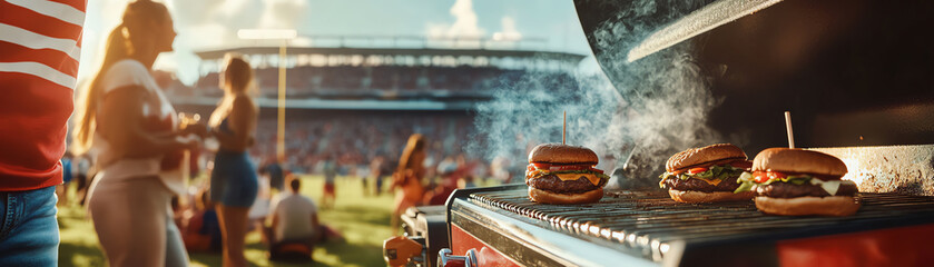 Grilling burgers at a sports event tailgate with fans in the background. Perfect day for a game and delicious food, enjoying outdoor cooking and fun.