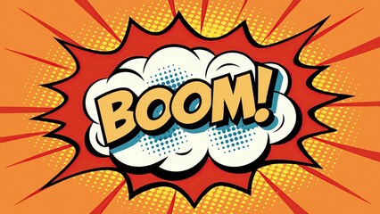 Comic book style boom explosion with red and orange background